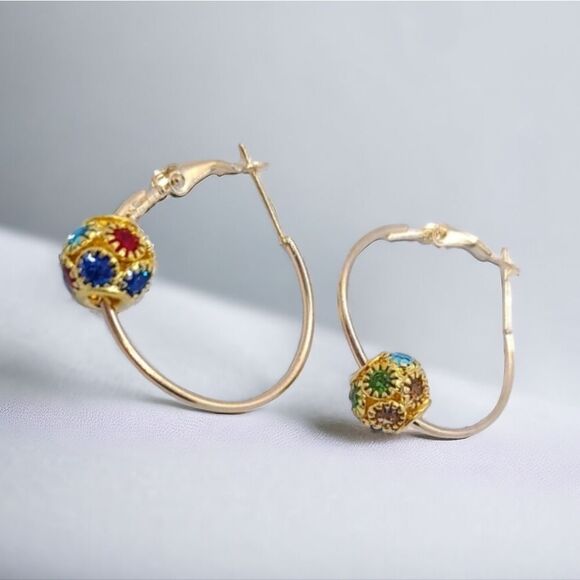 Cute Gold Rhinestone Hoop Earrings Round Shaped Pierced Jewelry Colorful NWT - Picture 6 of 10